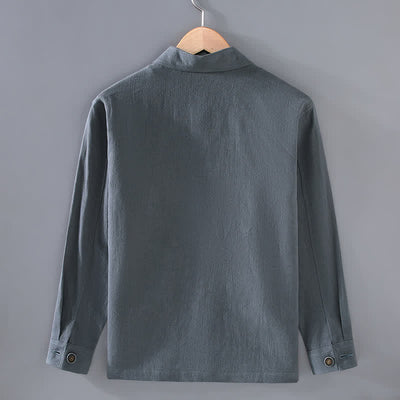 Buddha Stones Fall Casual Minimalist Solid Buttons Ramie Men's Jacket With Pockets - image 3