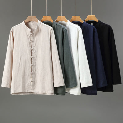 Buddha Stones Spring Casual Tang Style Frog Button Solid Men's Long Sleeve Shirts - image 15