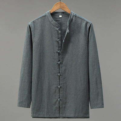 Buddha Stones Spring Casual Tang Style Frog Button Solid Men's Long Sleeve Shirts - DimGray - US/UK/AU42，EU52 (3XL) - image 12