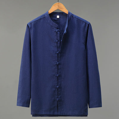 Buddha Stones Spring Casual Tang Style Frog Button Solid Men's Long Sleeve Shirts - Navy - US/UK/AU42，EU52 (3XL) - image 13