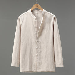 Buddha Stones Spring Casual Tang Style Frog Button Solid Men's Long Sleeve Shirts - Beige - US/UK/AU42，EU52 (3XL) - image 0