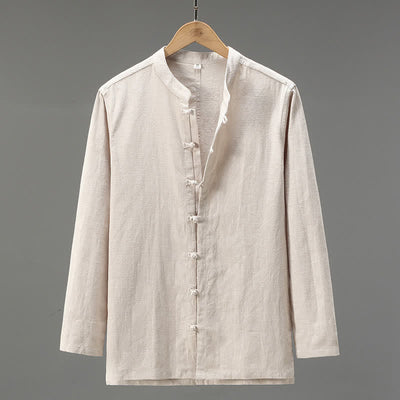 Buddha Stones Spring Casual Tang Style Frog Button Solid Men's Long Sleeve Shirts - Beige - US/UK/AU42，EU52 (3XL) - image 0