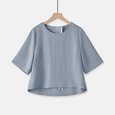 Buddha Stones Summer Casual Minimalist Crew Neck Solid Cropped Women's Short  Sleeve T-Shirts - LightSteelBlue - US12, UK/AU16, EU44 (2XL) - image 15