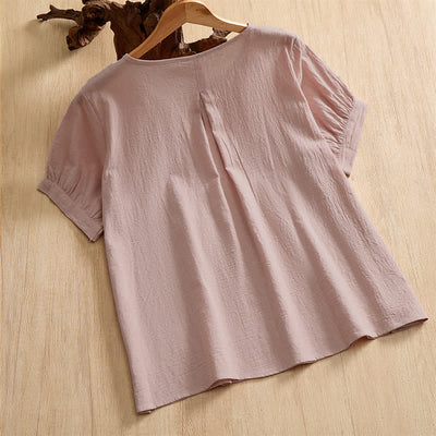 Buddha Stones Summer Casual Minimalist Button-Up Solid Cotton Women's Short Sleeve Shirts - image 9