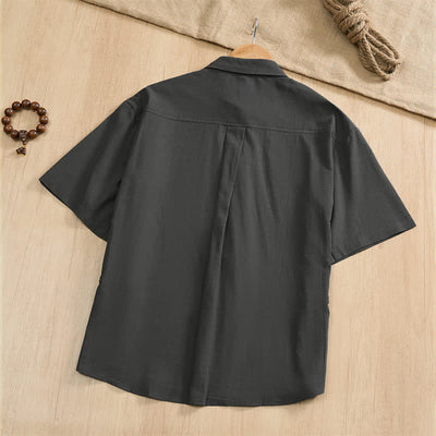 Buddha Stones Summer Casual Tang Style Frog Button Solid Men's Short Sleeve Shirts With Patch Pockets - image 1