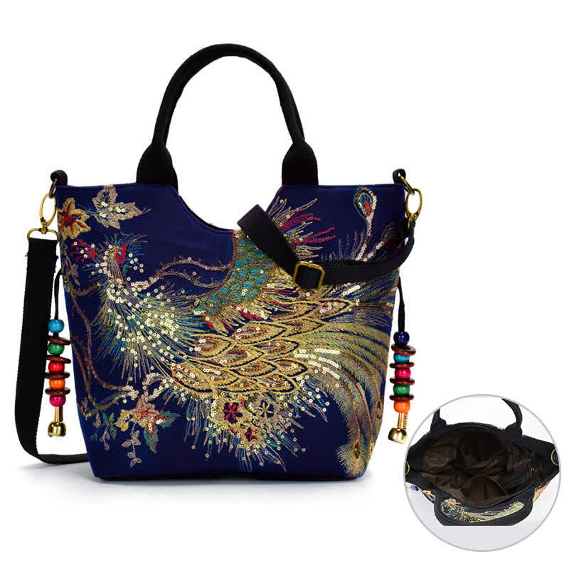 Buddha Stones Peacock Double-sided Embroidery Tote Bag Shoulder Bag Crossbody Bag - image 1