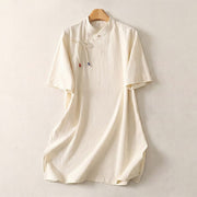 Foviel Summer Casual Tang Style Mandarin Collar Solid Women's Short Sleeve Dresses