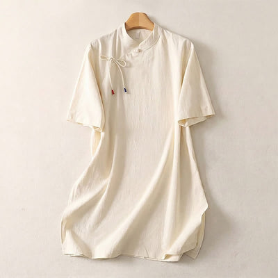 Buddha Stones Summer Casual Tang Style Mandarin Collar Solid Women's Short Sleeve Dresses - Linen - US14, UK/AU18, EU46 (2XL) - image 0