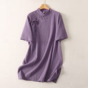 Foviel Summer Casual Tang Style Mandarin Collar Solid Women's Short Sleeve Dresses