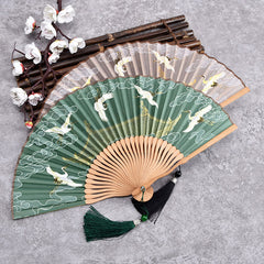 Buddha Stones Vintage Cloud Crane Pattern Handheld Bamboo Folding Fan - image 0