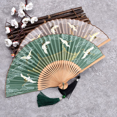 Buddha Stones Vintage Cloud Crane Pattern Handheld Bamboo Folding Fan - image 0