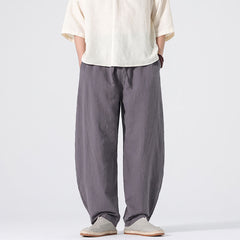 Buddha Stones Spring Summer Casual Minimalist Drawstring Solid Linen Long Pants Men's Straight Leg Pants With Pockets - SlateGray - US/UK/AU46，EU56 (5XL) - image 0