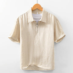 Buddha Stones Summer Casual Minimalist Quarter Zip Solid Men's Short Sleeve Shirts - Wheat - US/UK/AU42，EU52 (3XL) - image 0