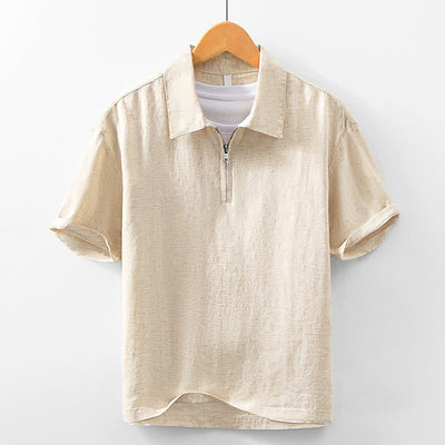 Buddha Stones Summer Casual Minimalist Quarter Zip Solid Men's Short Sleeve Shirts - Wheat - US/UK/AU42，EU52 (3XL) - image 0