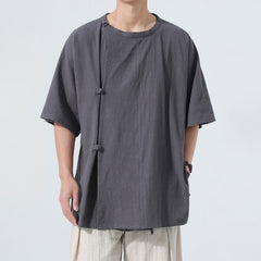 Buddha Stones Summer Tang Style Minimalist Frog Button Solid Cotton Men's Short Sleeve Shirts - DimGray - US/UK/AU46，EU56 (5XL) - image 0