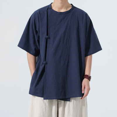 Buddha Stones Summer Tang Style Minimalist Frog Button Solid Cotton Men's Short Sleeve Shirts - MidnightBlue - US/UK/AU46，EU56 (5XL) - image 7