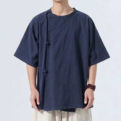 Buddha Stones Summer Tang Style Minimalist Frog Button Solid Cotton Men's Short Sleeve Shirts - image 8