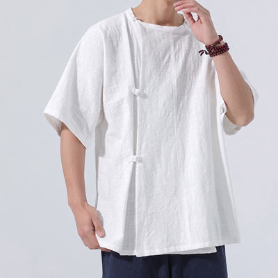 Buddha Stones Summer Tang Style Minimalist Frog Button Solid Cotton Men's Short Sleeve Shirts - image 22