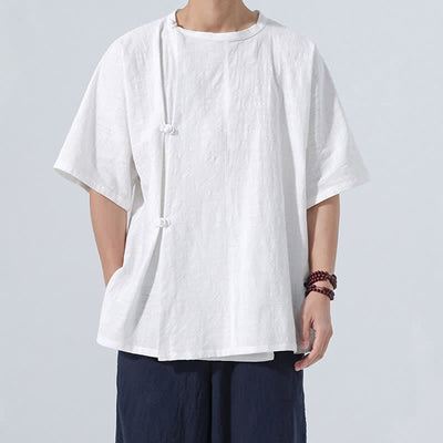 Buddha Stones Summer Tang Style Minimalist Frog Button Solid Cotton Men's Short Sleeve Shirts - image 19
