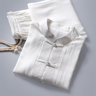 Buddha Stones 2Pcs Spring Tang Style Mandarin Collar Frog Button Solid Long Sleeve Shirt Pants Men's Meditation Cloth With Pockets - image 19