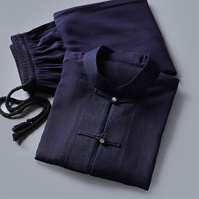 Buddha Stones 2Pcs Spring Tang Style Mandarin Collar Frog Button Solid Long Sleeve Shirt Pants Men's Meditation Cloth With Pockets - image 16