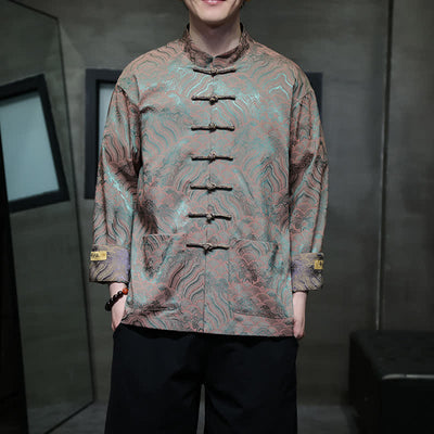 Buddha Stones Fall Winter Tang Style Elegant Mandarin Collar Abstract Wave Pattern Frog Button Men's Jacket With Pockets - LightSeaGreen - US/UK/AU46，EU56 (5XL) - image 24