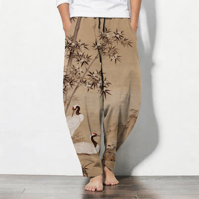 Buddha Stones Pure Cotton Crane Bamboo Landscape Pattern Drawstring Men's Tapered Pants With Pockets - BurlyWood - US/UK/AU50，EU60 (5XL) - image 7