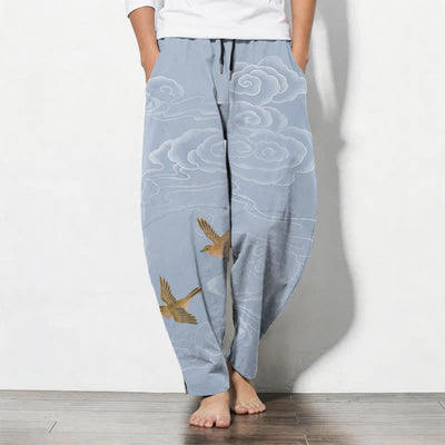 Buddha Stones Pure Cotton Auspicious Cloud Bird Pattern Drawstring Men's Tapered Pants With Pockets - LightBlue - US/UK/AU50，EU60 (5XL) - image 7