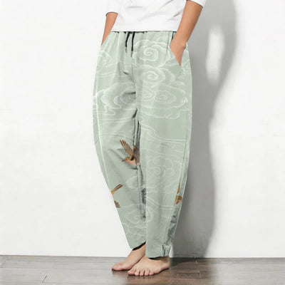Buddha Stones Pure Cotton Auspicious Cloud Bird Pattern Drawstring Men's Tapered Pants With Pockets - image 12