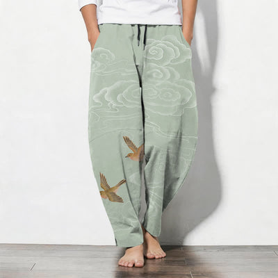 Buddha Stones Pure Cotton Auspicious Cloud Bird Pattern Drawstring Men's Tapered Pants With Pockets - DarkSeaGreen - US/UK/AU50，EU60 (5XL) - image 11
