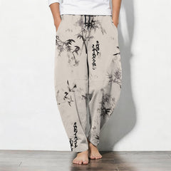 Buddha Stones Pure Cotton Ink Bamboo Calligraphy Pattern Drawstring Men's Tapered Pants With Pockets - Ivory - US/UK/AU50，EU60 (5XL) - image 0