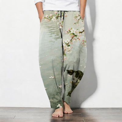 Buddha Stones Pure Cotton Sakura Cat Water Reflection Pattern Drawstring Men's Tapered Pants With Pockets - DarkSeaGreen - US/UK/AU50，EU60 (5XL) - image 7