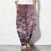 Foviel Pure Cotton Running White Horse Pattern Drawstring Men's Tapered Pants With Pockets