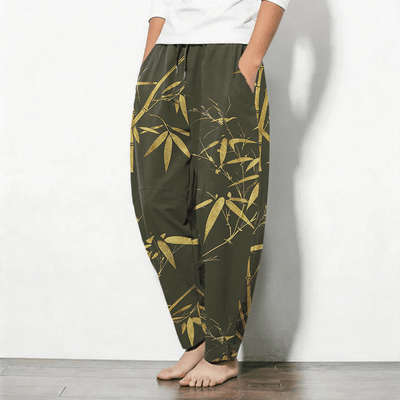 Buddha Stones Pure Cotton Golden Bamboo Pattern Drawstring Men's Tapered Pants With Pockets - image 12
