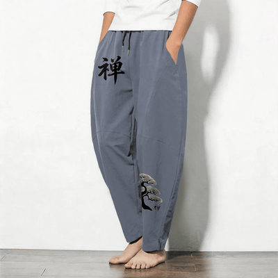 Buddha Stones Pure Cotton Zen Bonsai Sunset Pattern Drawstring Men's Tapered Pants With Pockets - image 1