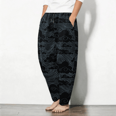 Buddha Stones Pure Cotton Japanese Cloud Wave Pattern Drawstring Men's Tapered Pants With Pockets - image 1