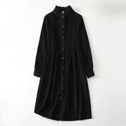 Foviel Spring Fall Tang Style Vintage Button-Up Pleated Trim Solid Women's Long Sleeve Dress With Pocket
