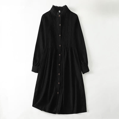 Buddha Stones Spring Fall Tang Style Vintage Button-Up Pleated Trim Solid Women's Long Sleeve Dress With Pocket - Black - US14, UK/AU18, EU46 (2XL) - image 12