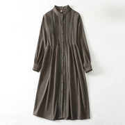 Foviel Frühling Herbst Tang Style Vintage Knopf-Up Pleated Trim Solide Damen lange Ärmel Kleid mit Tasche