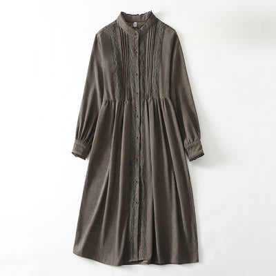 Buddha Stones Spring Fall Tang Style Vintage Button-Up Pleated Trim Solid Women's Long Sleeve Dress With Pocket - Olive - US14, UK/AU18, EU46 (2XL) - image 0