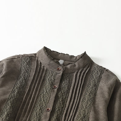 Buddha Stones Spring Fall Tang Style Vintage Button-Up Pleated Trim Solid Women's Long Sleeve Dress With Pocket - image 2