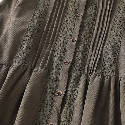 Buddha Stones Spring Fall Tang Style Vintage Button-Up Pleated Trim Solid Women's Long Sleeve Dress With Pocket - image 4