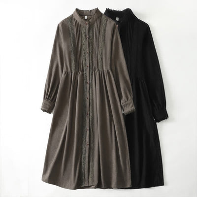 Buddha Stones Spring Fall Tang Style Vintage Button-Up Pleated Trim Solid Women's Long Sleeve Dress With Pocket - image 23