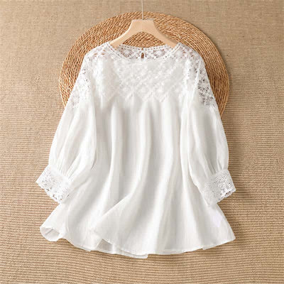 Buddha Stones Summer Elegant Casual Lace Solid Women's Long Sleeve T-Shirt - White - US8-10, UK/AU12-14, EU40-42 (2XL) - image 6