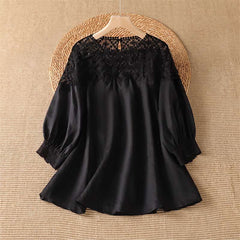 Buddha Stones Summer Elegant Casual Lace Solid Women's Long Sleeve T-Shirt - Black - US8-10, UK/AU12-14, EU40-42 (2XL) - image 0
