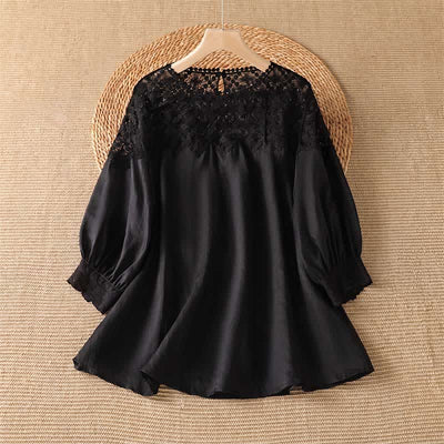 Buddha Stones Summer Elegant Casual Lace Solid Women's Long Sleeve T-Shirt - Black - US8-10, UK/AU12-14, EU40-42 (2XL) - image 0