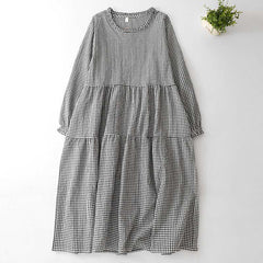 Buddha Stones Spring Fall Casual Vintage Tiered Plaid Women's Long Sleeve Dress With Pocket - Gainsboro - US12, UK/AU16, EU44 (2XL) - image 0