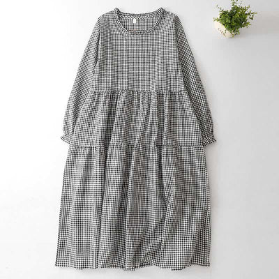 Buddha Stones Spring Fall Casual Vintage Tiered Plaid Women's Long Sleeve Dress With Pocket - Gainsboro - US12, UK/AU16, EU44 (2XL) - image 0