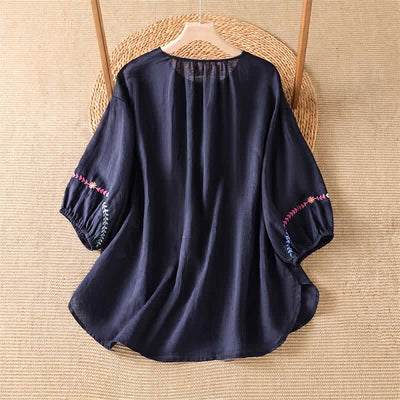 Buddha Stones Spring Summer Boho Embroidery Floral Women's Short Sleeve Shirts - image 8