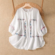 Foviel Frühling Sommer Boho Stickerei Floral Damen Kurzarm Hemden